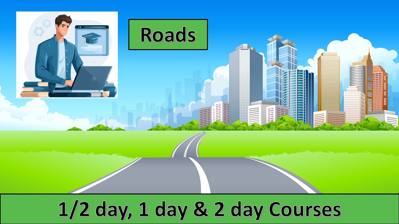 Road to a city, top text Roads, person with laptop in top left corner